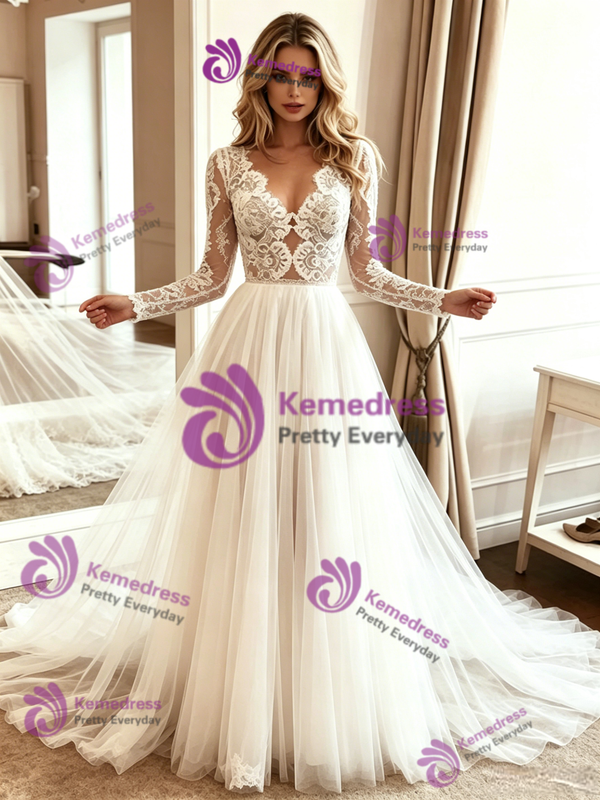 Beige White Tulle Lace Long Sleeve Wedding Dress