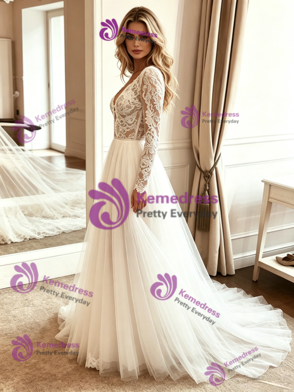 Beige White Tulle Lace Long Sleeve Wedding Dress