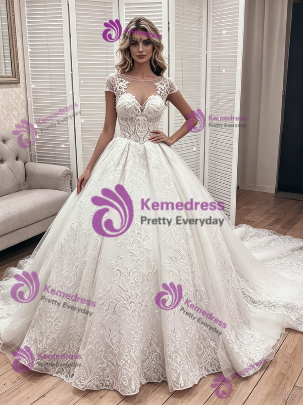 White Tulle Cap Sleeve Appliques Wedding Dress
