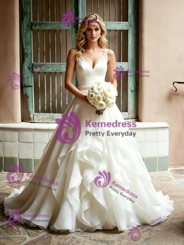 Beige White Tulle V-neck Wedding Dress
