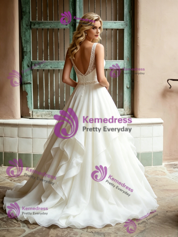 Beige White Tulle V-neck Wedding Dress