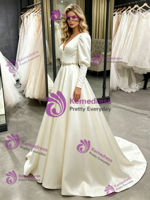 Beige White Satin Long Sleeve Wedding Dress