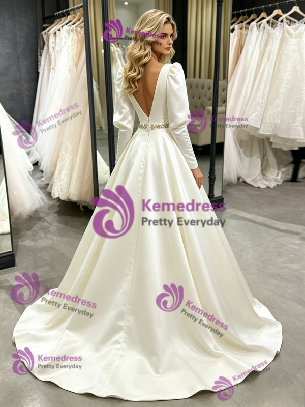 Beige White Satin Long Sleeve Wedding Dress