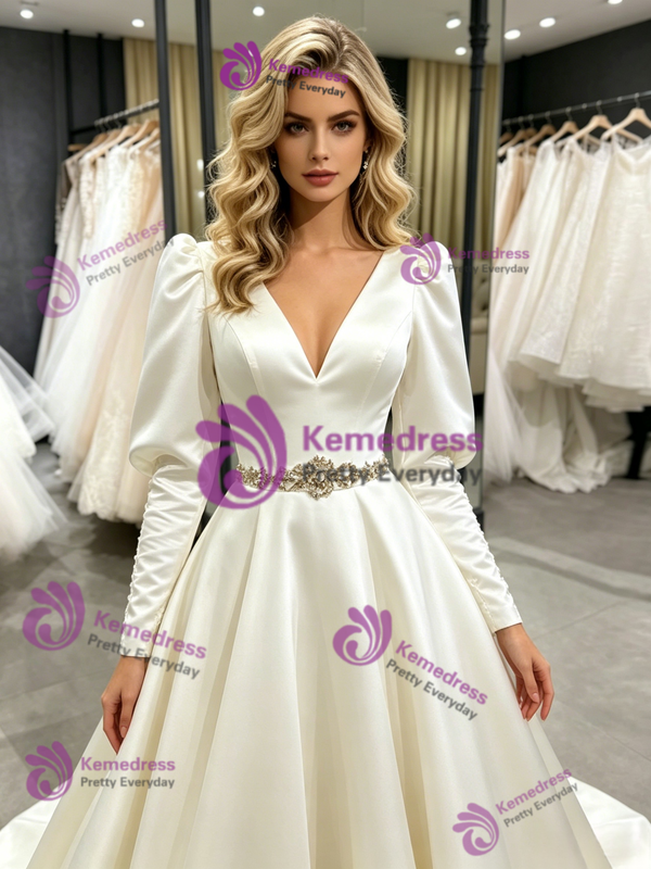 Beige White Satin Long Sleeve Wedding Dress