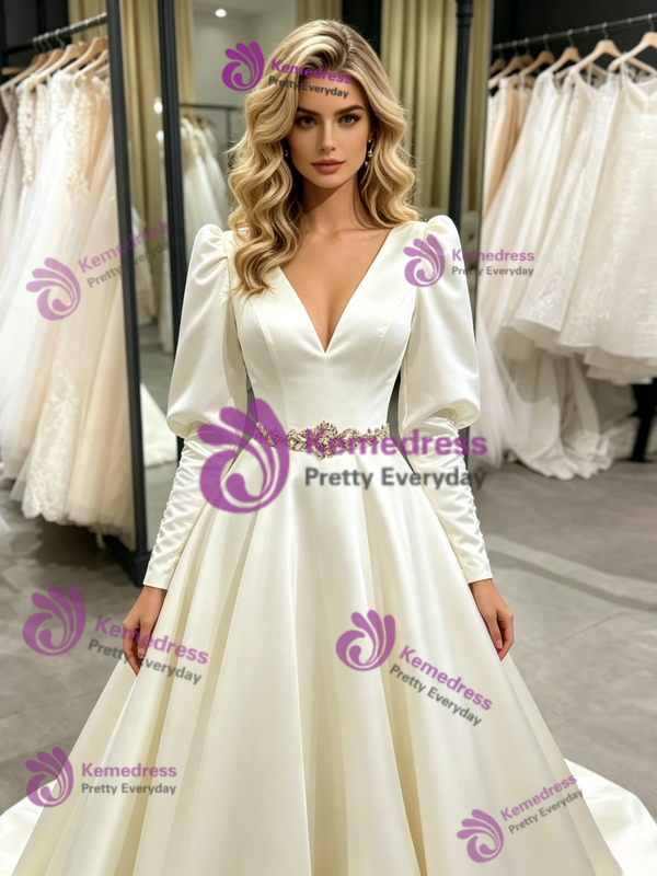 Beige White Satin Long Sleeve Wedding Dress