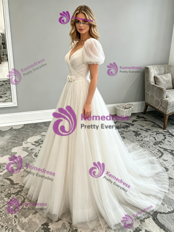 White Tulle Puff Sleeve Pleats Wedding Dress