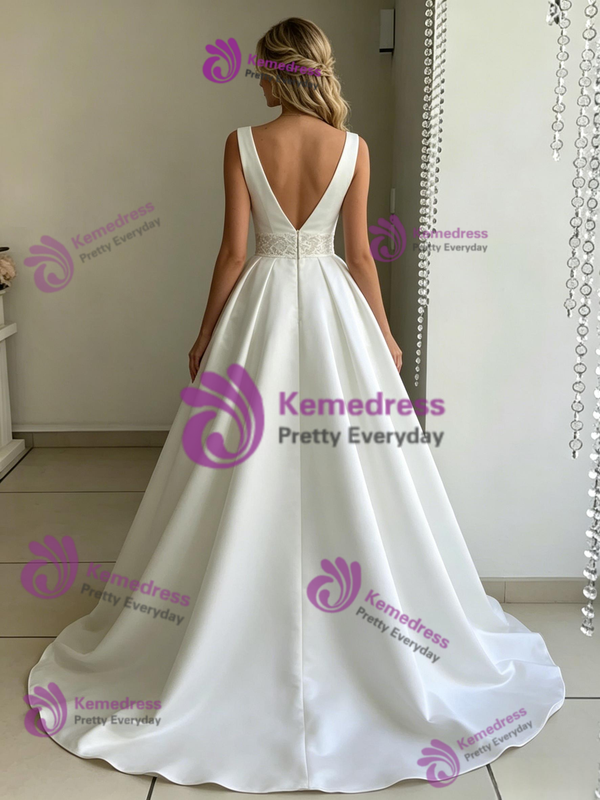 White Satin V-neck Wedding Dress