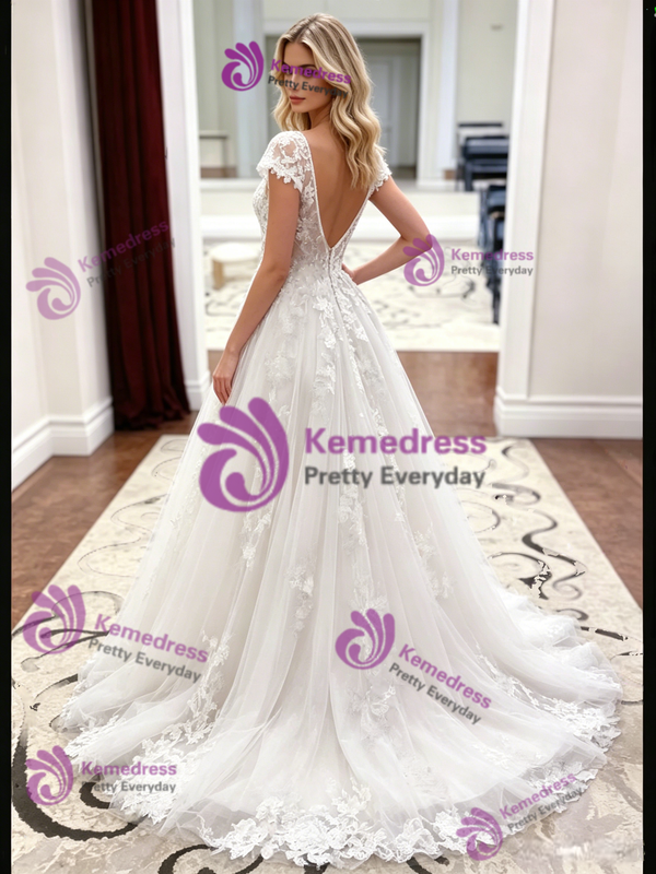 White Lace V-neck Wedding Dress