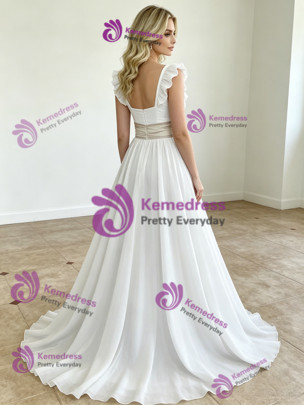 White Chiffon Straps Wedding Dress