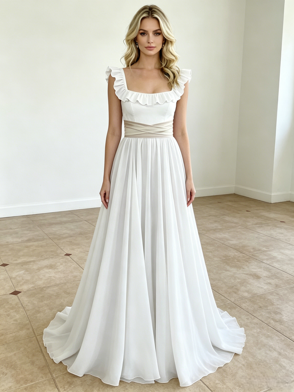 White Chiffon Straps Wedding Dress
