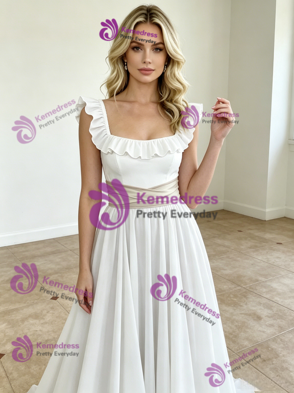 White Chiffon Straps Wedding Dress