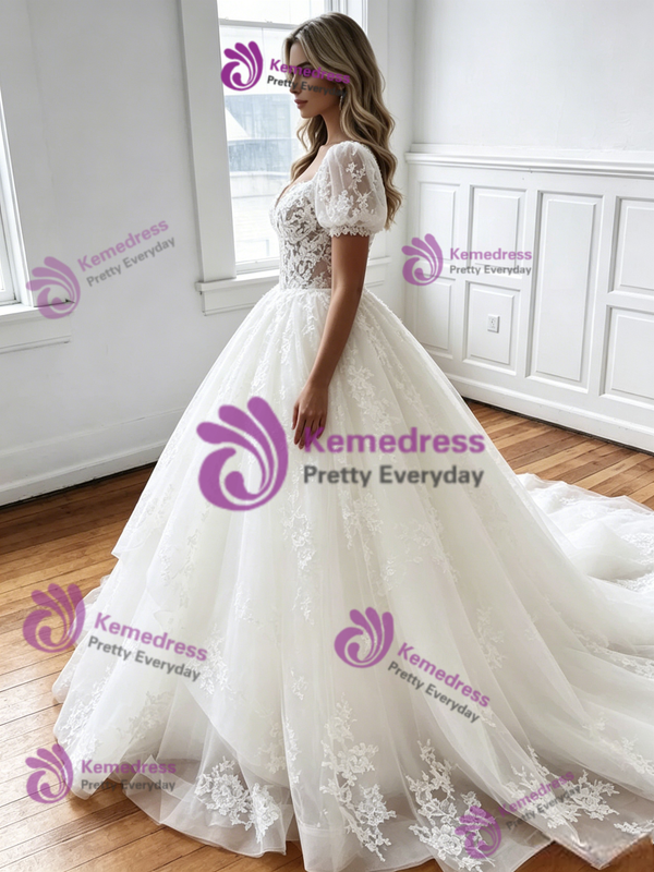 White Tulle Lace Puff Sleeve Wedding Dress