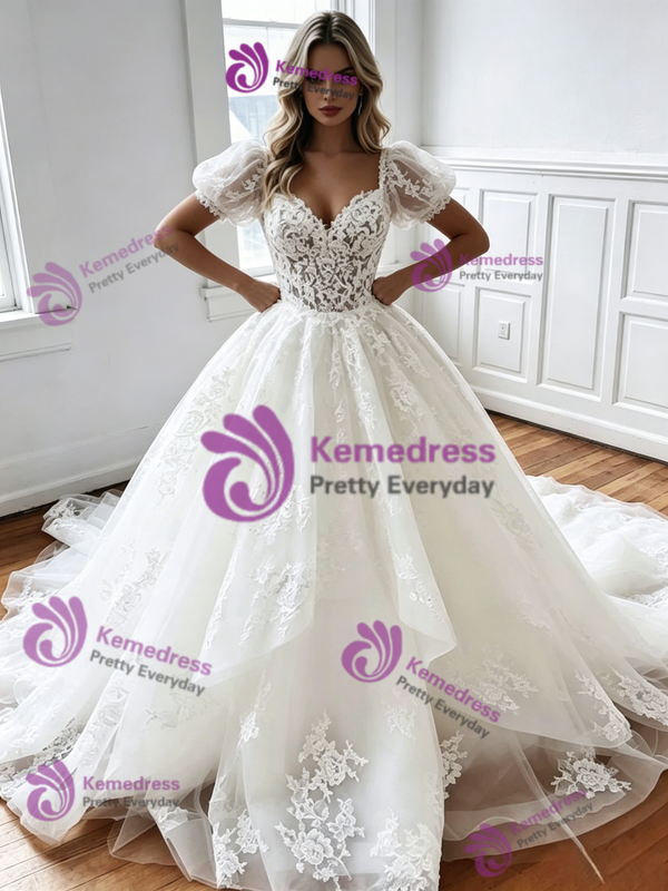 White Tulle Lace Puff Sleeve Wedding Dress