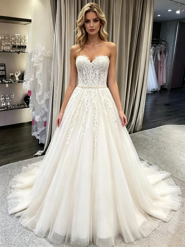 White Tulle Lace Strapless Wedding Dress