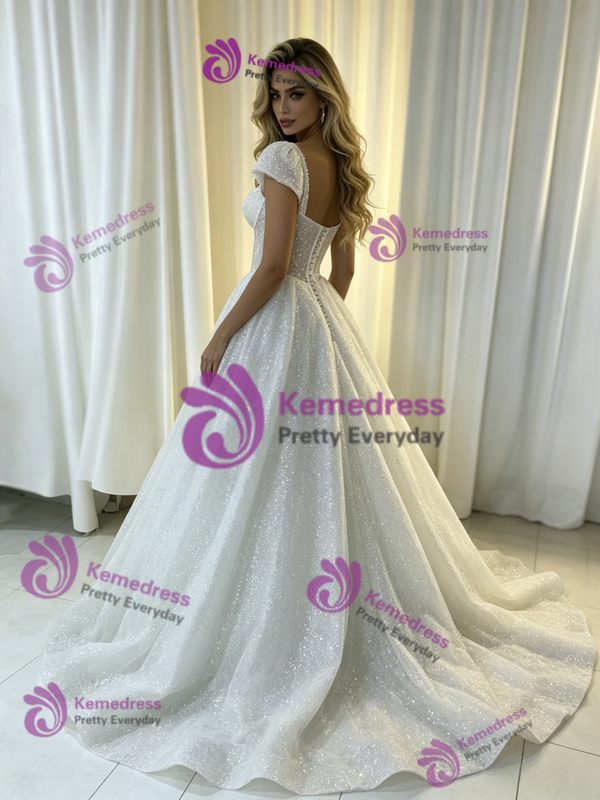 White Sequins Straps Wedding Dress