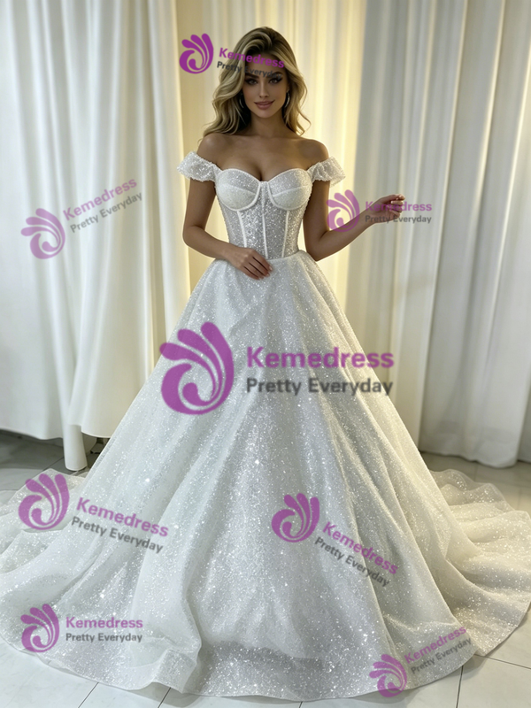 White Sequins Straps Wedding Dress