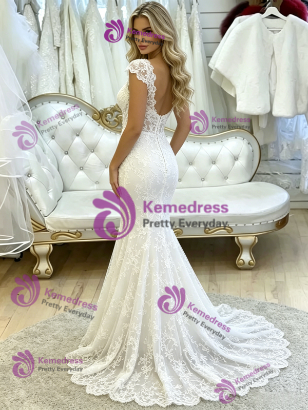White Mermaid Lace V-neck Wedding Dress