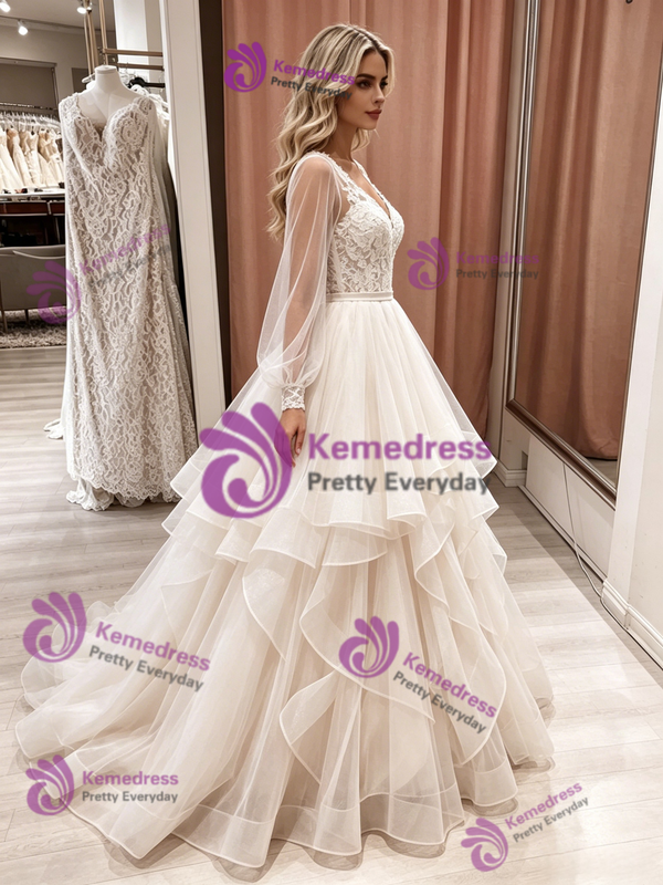Champagne Tulle V-neck Lace Wedding Dress
