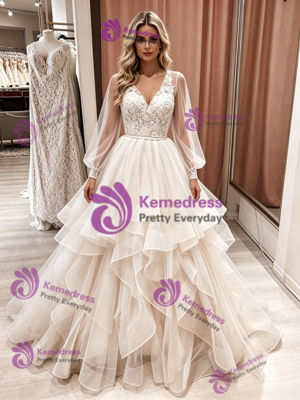 Champagne Tulle V-neck Lace Wedding Dress