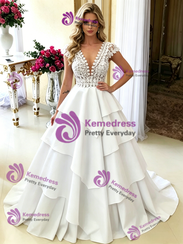 White V-neck Lace Wedding Dress