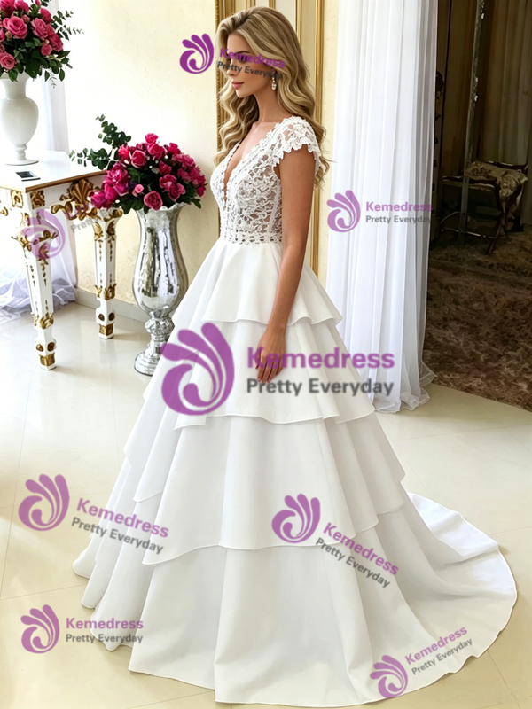 White V-neck Lace Wedding Dress