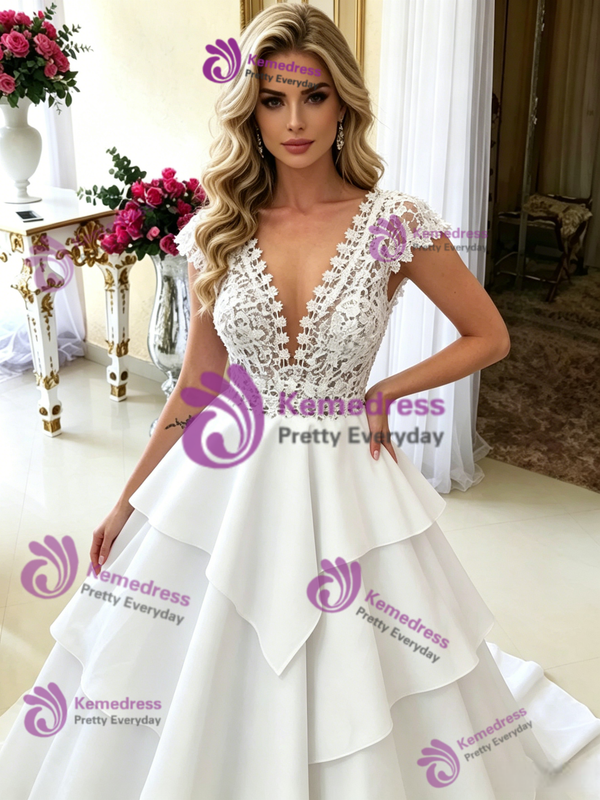 White V-neck Lace Wedding Dress