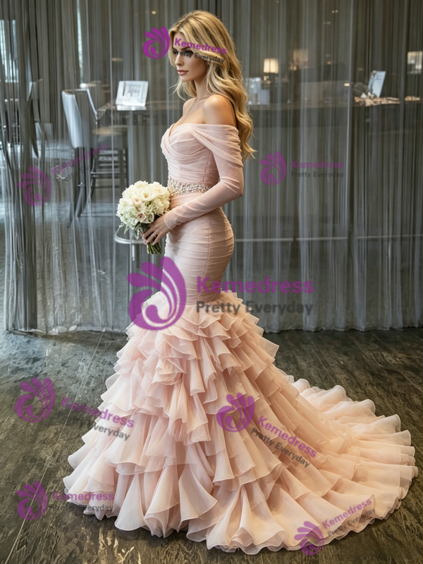 Pink Tulle Off the Shoulder Pleats Wedding Dress