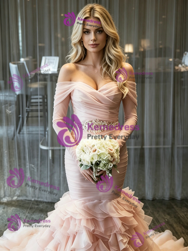 Pink Tulle Off the Shoulder Pleats Wedding Dress