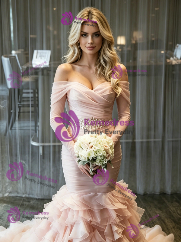 Pink Tulle Off the Shoulder Pleats Wedding Dress