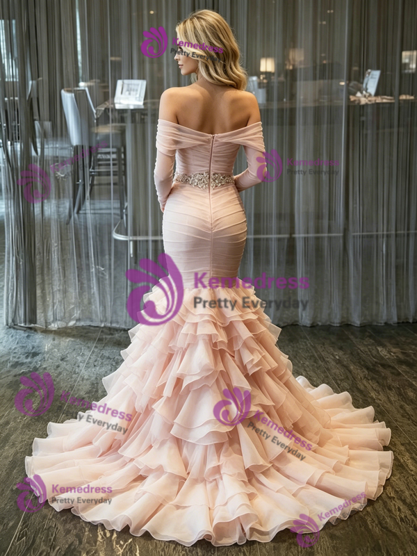Pink Tulle Off the Shoulder Pleats Wedding Dress