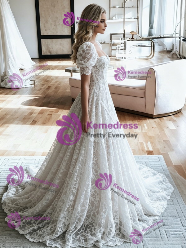 White Lace Puff Sleeve Wedding Dress