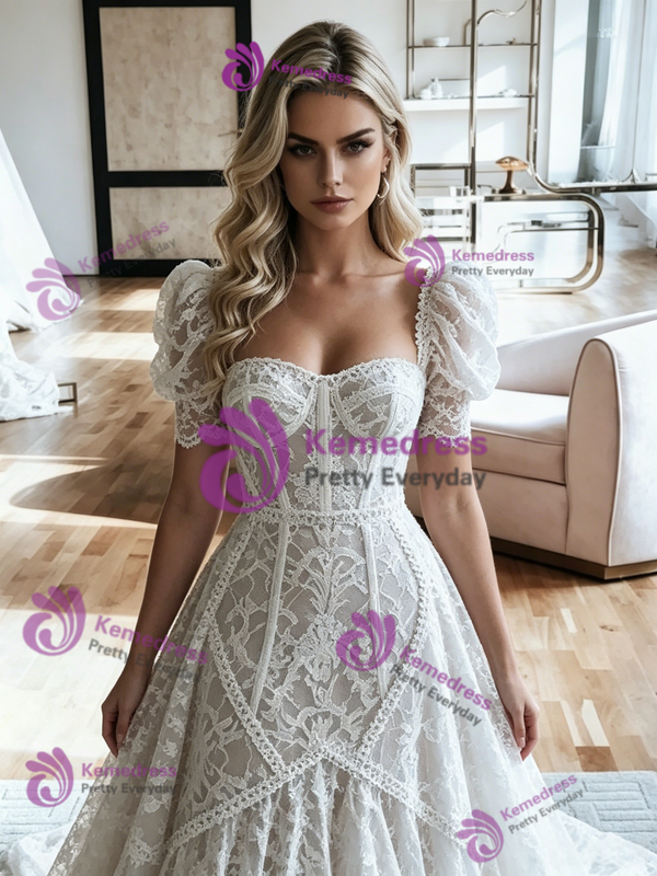 White Lace Puff Sleeve Wedding Dress