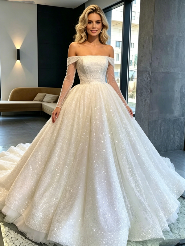 White Sequins Off the Shoulder Wedding Dress