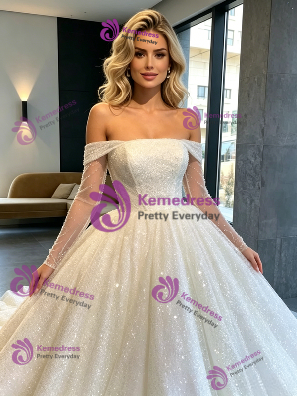 White Sequins Off the Shoulder Wedding Dress