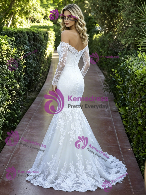 White Mermaid Lace Long Sleeve Wedding Dress