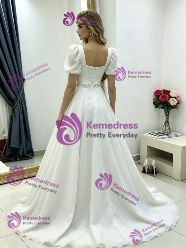 White Chiffon Square Neck Pleats Wedding Dress