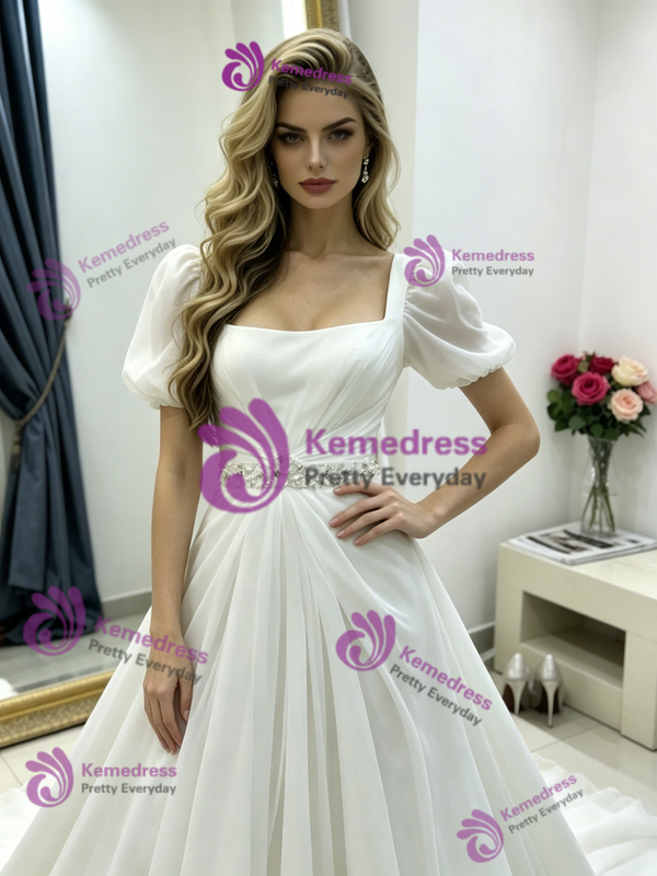 White Chiffon Square Neck Pleats Wedding Dress