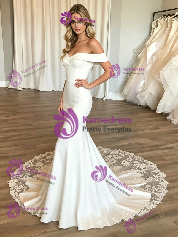 White Mermaid Off the Shoulder Appliques Wedding Dress