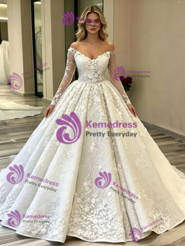 White Ball Gown Tulle Lace Long Sleeve Wedding Dress