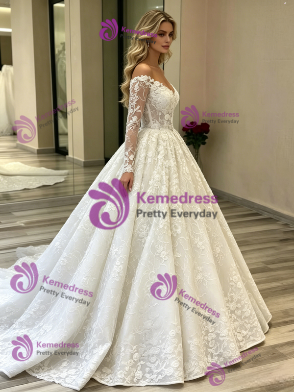 White Ball Gown Tulle Lace Long Sleeve Wedding Dress