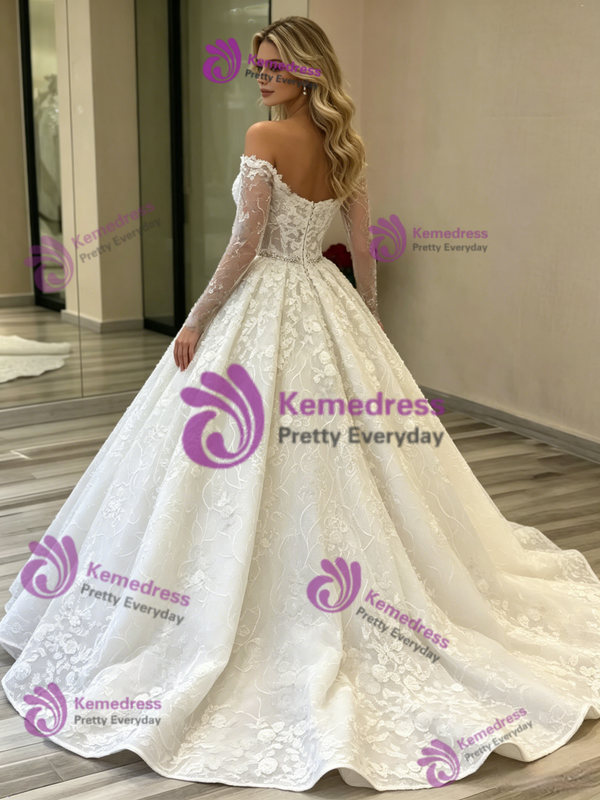 White Ball Gown Tulle Lace Long Sleeve Wedding Dress