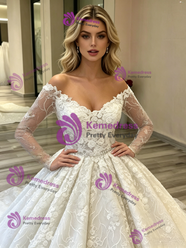 White Ball Gown Tulle Lace Long Sleeve Wedding Dress