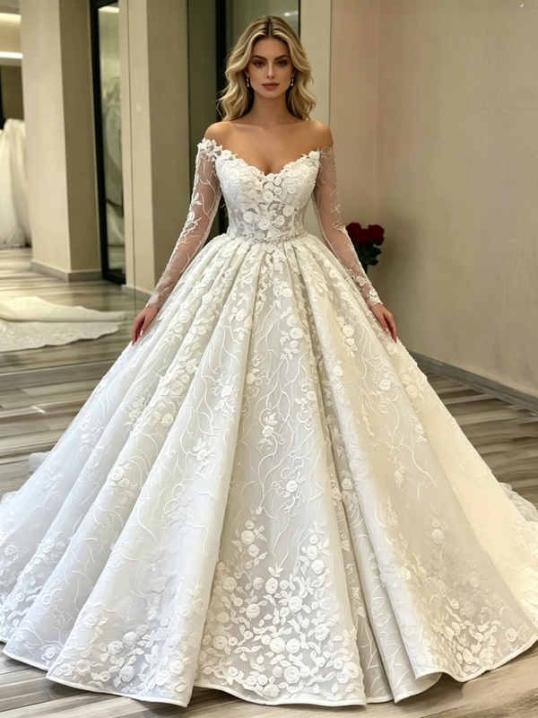 White Ball Gown Tulle Lace Long Sleeve Wedding Dress