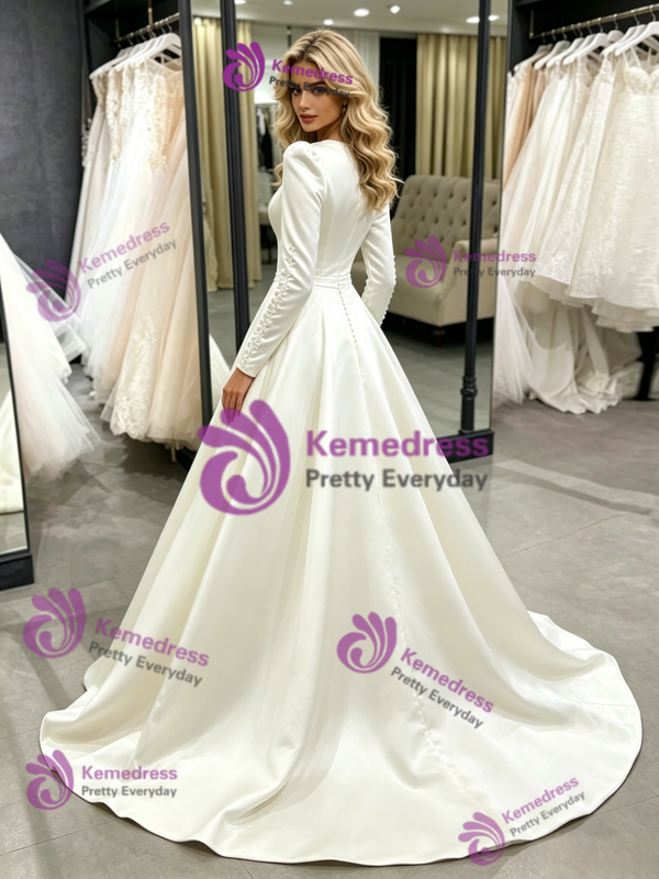 Beige White Satin Long Sleeve Wedding Dress