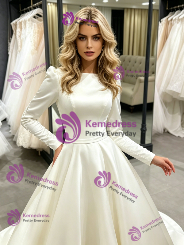 Beige White Satin Long Sleeve Wedding Dress