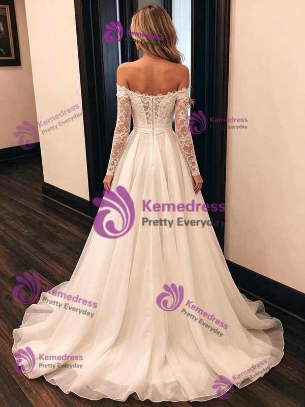 Simple White Tulle Lace Long Sleeve Wedding Dress