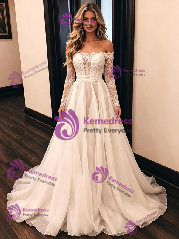 Simple White Tulle Lace Long Sleeve Wedding Dress