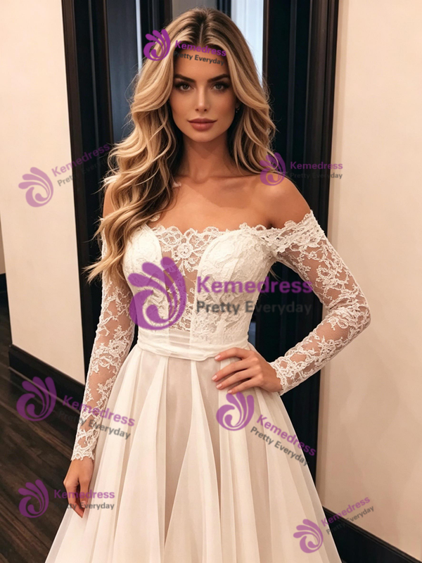 Simple White Tulle Lace Long Sleeve Wedding Dress