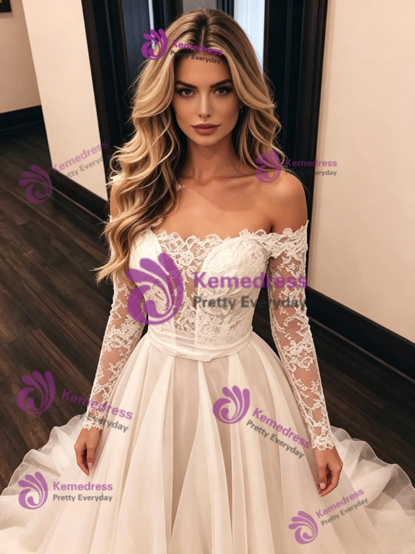 Simple White Tulle Lace Long Sleeve Wedding Dress
