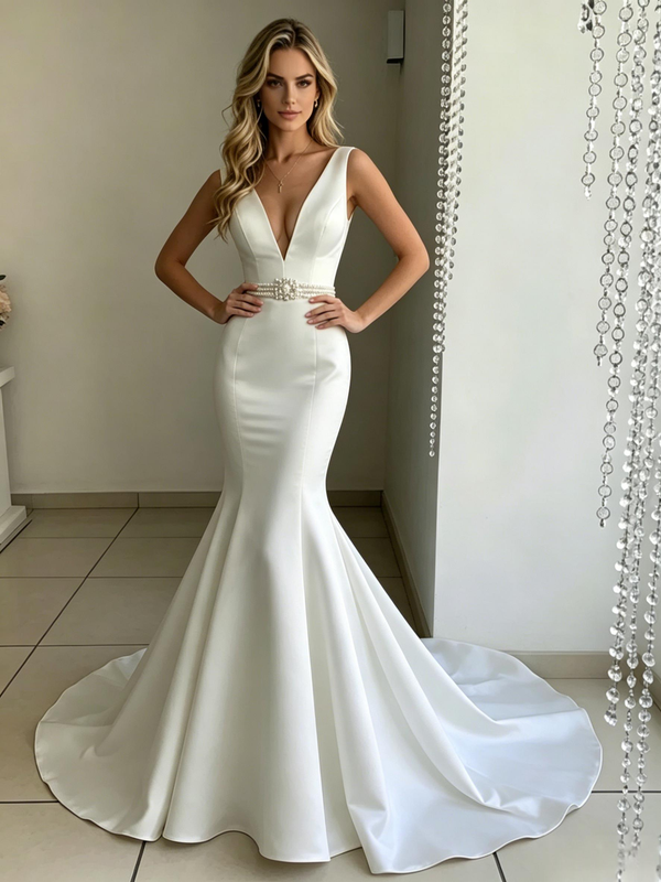 White Mermaid V-neck Beading Wedding Dress